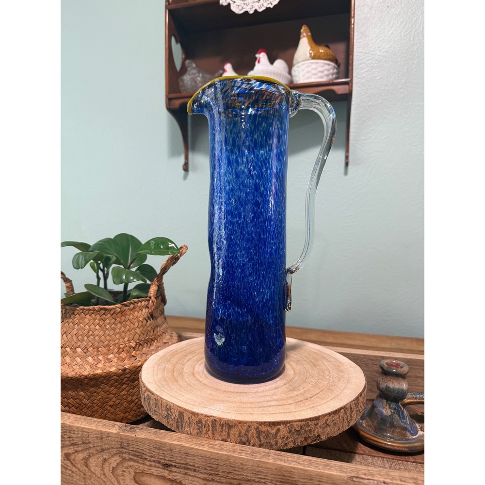 Vintage Cobalt Blue Hand Blown Art Glass Pitcher Yellow Rim Spatter Confetti